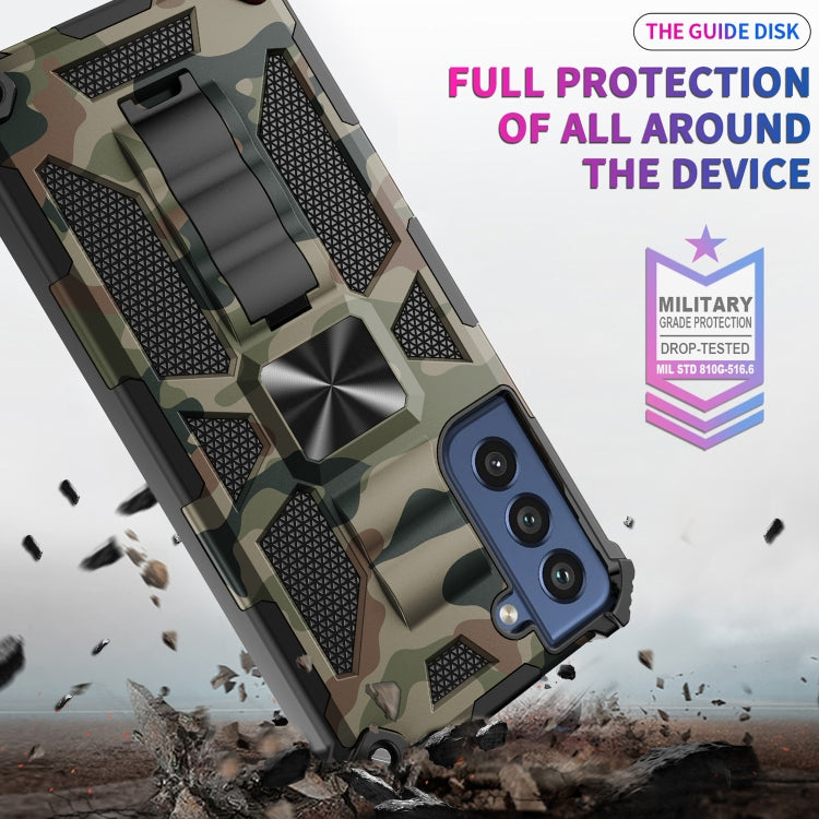 For Samsung Galaxy S21 FE Camouflage Armor Shockproof TPU + PC Magnetic Protective Case with Holder(Army Green)