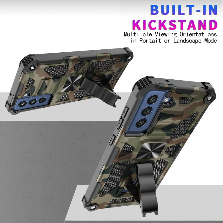 For Samsung Galaxy S21 FE Camouflage Armor Shockproof TPU + PC Magnetic Protective Case with Holder(Army Green)