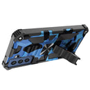 For Samsung Galaxy S21 FE Camouflage Armor Shockproof TPU + PC Magnetic Protective Case with Holder(Blue)