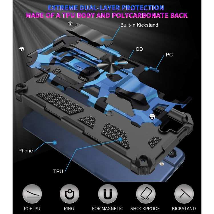 For Samsung Galaxy S21 FE Camouflage Armor Shockproof TPU + PC Magnetic Protective Case with Holder(Blue)