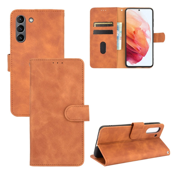 For Samsung Galaxy S21 FE Solid Color Skin Feel Magnetic Buckle Horizontal Flip Calf Texture PU Leather Case with Holder & Card Slots & Wallet(Brown)