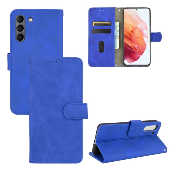 For Samsung Galaxy S21 FE Solid Color Skin Feel Magnetic Buckle Horizontal Flip Calf Texture PU Leather Case with Holder & Card Slots & Wallet(Blue)