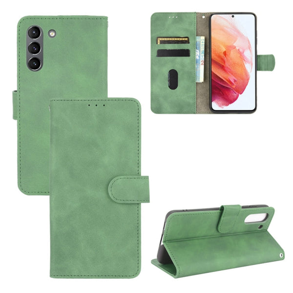 For Samsung Galaxy S21 FE Solid Color Skin Feel Magnetic Buckle Horizontal Flip Calf Texture PU Leather Case with Holder & Card Slots & Wallet(Green)