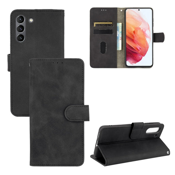 For Samsung Galaxy S21 FE Solid Color Skin Feel Magnetic Buckle Horizontal Flip Calf Texture PU Leather Case with Holder & Card Slots & Wallet(Black)