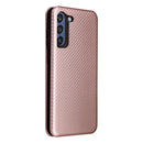 For Samsung Galaxy S21 FE Carbon Fiber Texture Magnetic Horizontal Flip TPU + PC + PU Leather Case with Card Slot(Pink)