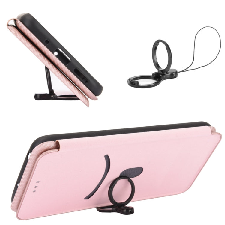 For Samsung Galaxy S21 FE Carbon Fiber Texture Magnetic Horizontal Flip TPU + PC + PU Leather Case with Card Slot(Pink)