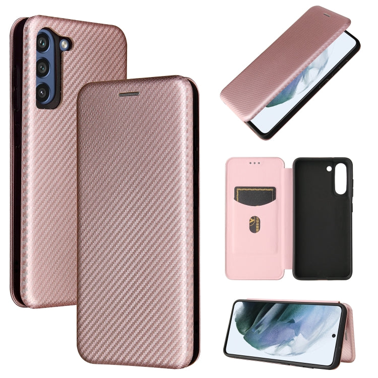 For Samsung Galaxy S21 FE Carbon Fiber Texture Magnetic Horizontal Flip TPU + PC + PU Leather Case with Card Slot(Pink)
