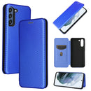 For Samsung Galaxy S21 FE Carbon Fiber Texture Magnetic Horizontal Flip TPU + PC + PU Leather Case with Card Slot(Blue)