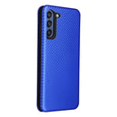 For Samsung Galaxy S21 FE Carbon Fiber Texture Magnetic Horizontal Flip TPU + PC + PU Leather Case with Card Slot(Blue)
