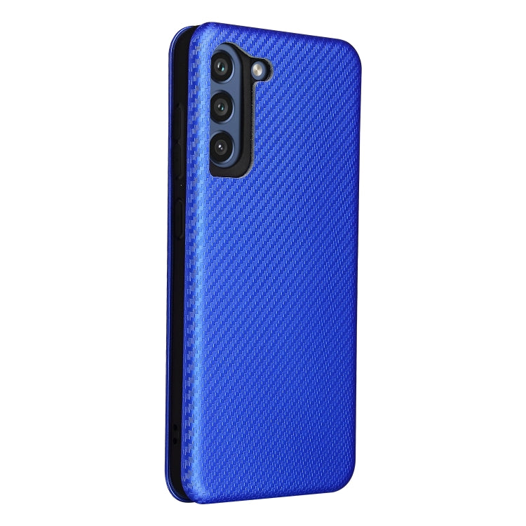 For Samsung Galaxy S21 FE Carbon Fiber Texture Magnetic Horizontal Flip TPU + PC + PU Leather Case with Card Slot(Blue)