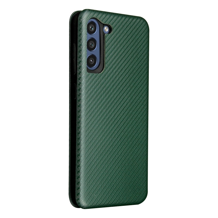 For Samsung Galaxy S21 FE Carbon Fiber Texture Magnetic Horizontal Flip TPU + PC + PU Leather Case with Card Slot(Green)