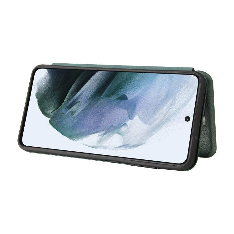 For Samsung Galaxy S21 FE Carbon Fiber Texture Magnetic Horizontal Flip TPU + PC + PU Leather Case with Card Slot(Green)