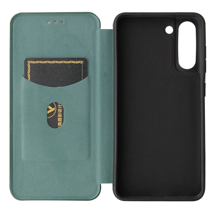 For Samsung Galaxy S21 FE Carbon Fiber Texture Magnetic Horizontal Flip TPU + PC + PU Leather Case with Card Slot(Green)