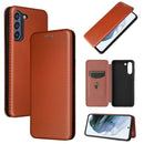 For Samsung Galaxy S21 FE Carbon Fiber Texture Magnetic Horizontal Flip TPU + PC + PU Leather Case with Card Slot(Brown)