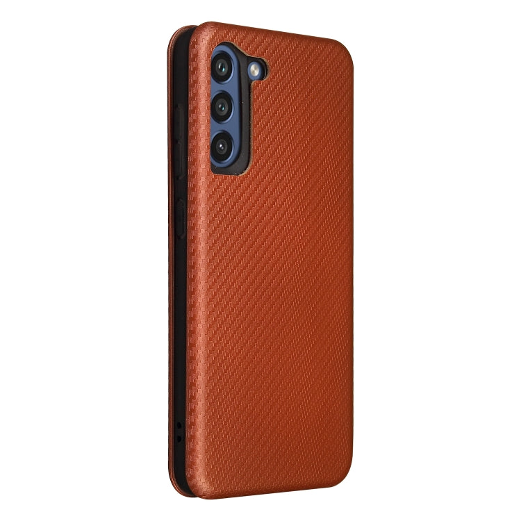 For Samsung Galaxy S21 FE Carbon Fiber Texture Magnetic Horizontal Flip TPU + PC + PU Leather Case with Card Slot(Brown)