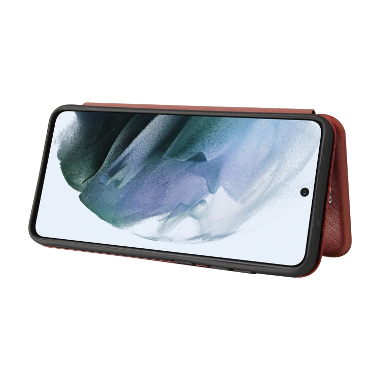 For Samsung Galaxy S21 FE Carbon Fiber Texture Magnetic Horizontal Flip TPU + PC + PU Leather Case with Card Slot(Brown)