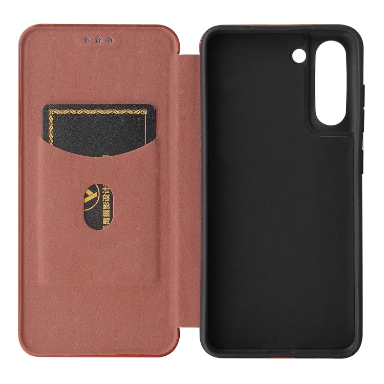 For Samsung Galaxy S21 FE Carbon Fiber Texture Magnetic Horizontal Flip TPU + PC + PU Leather Case with Card Slot(Brown)