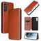 For Samsung Galaxy S21 FE Carbon Fiber Texture Magnetic Horizontal Flip TPU + PC + PU Leather Case with Card Slot(Brown)