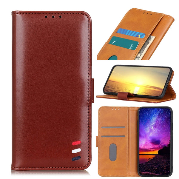 For Samsung Galaxy S21 FE 3-Color Pearl Texture Magnetic Buckle Horizontal Flip PU Leather Case with Card Slots & Wallet & Holder(Brown)