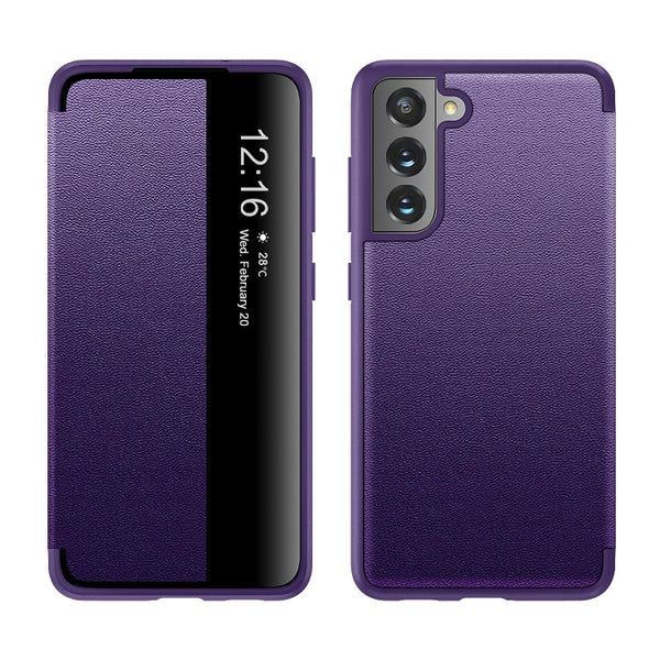 For Samsung Galaxy S21 FE Magnetic Side Window View Shockproof Horizontal Flip Leather Case(Purple)