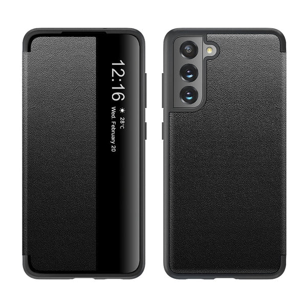 For Samsung Galaxy S21 FE Magnetic Side Window View Shockproof Horizontal Flip Leather Case(Black)