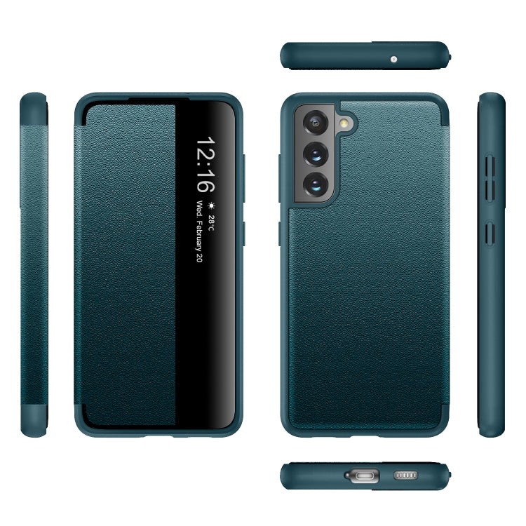 For Samsung Galaxy S21 FE Magnetic Side Window View Shockproof Horizontal Flip Leather Case(Green)