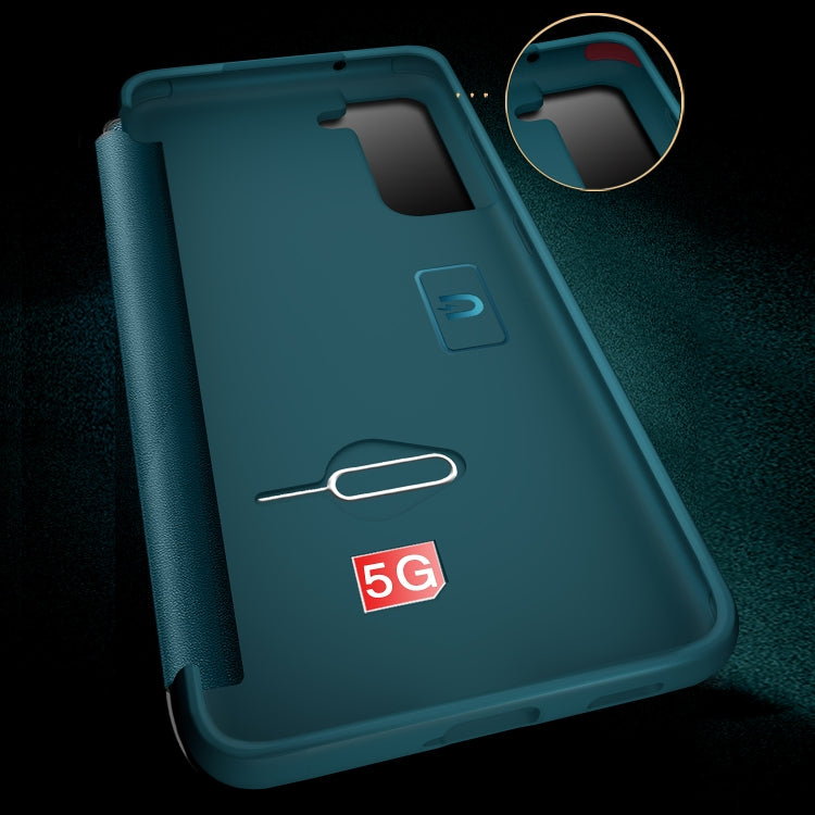 For Samsung Galaxy S21 FE Magnetic Side Window View Shockproof Horizontal Flip Leather Case(Green)