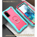 For Samsung Galaxy S20 FE / FE 5G PC + Rubber 3-layers Shockproof Protective Case with Rotating Holder(Mint Green + Rose Red)