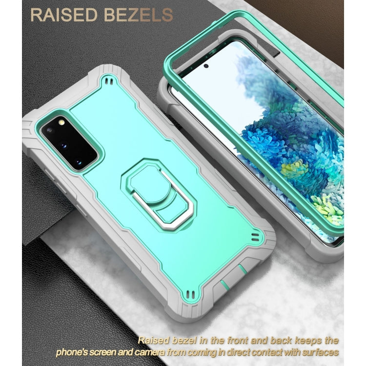 For Samsung Galaxy S20 FE / FE 5G PC + Rubber 3-layers Shockproof Protective Case with Rotating Holder(Grey White + Mint Green)