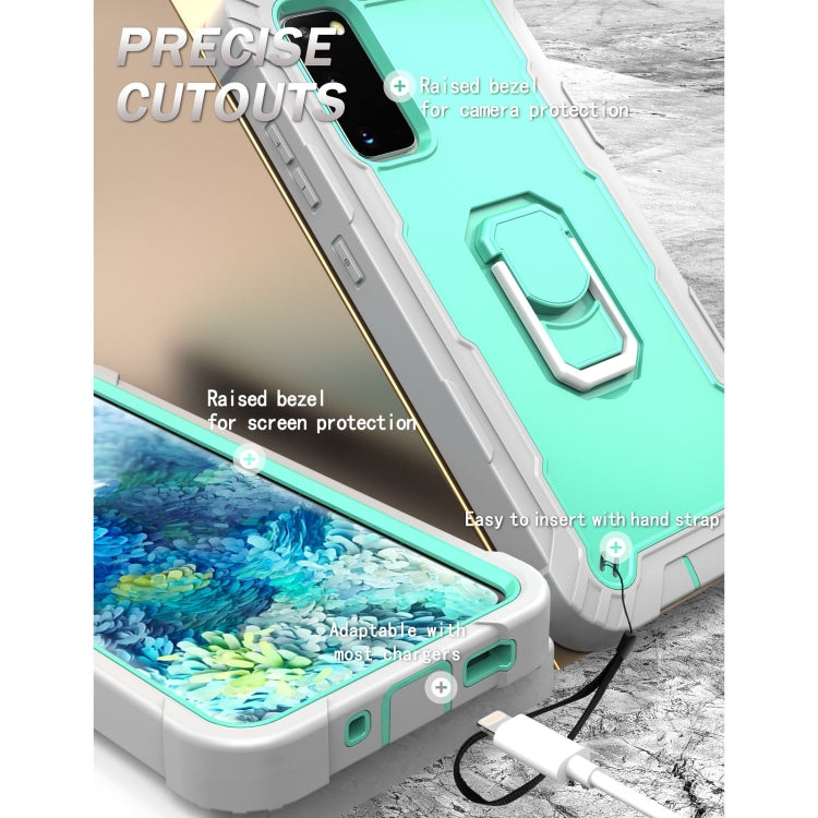 For Samsung Galaxy S20 FE / FE 5G PC + Rubber 3-layers Shockproof Protective Case with Rotating Holder(Grey White + Mint Green)