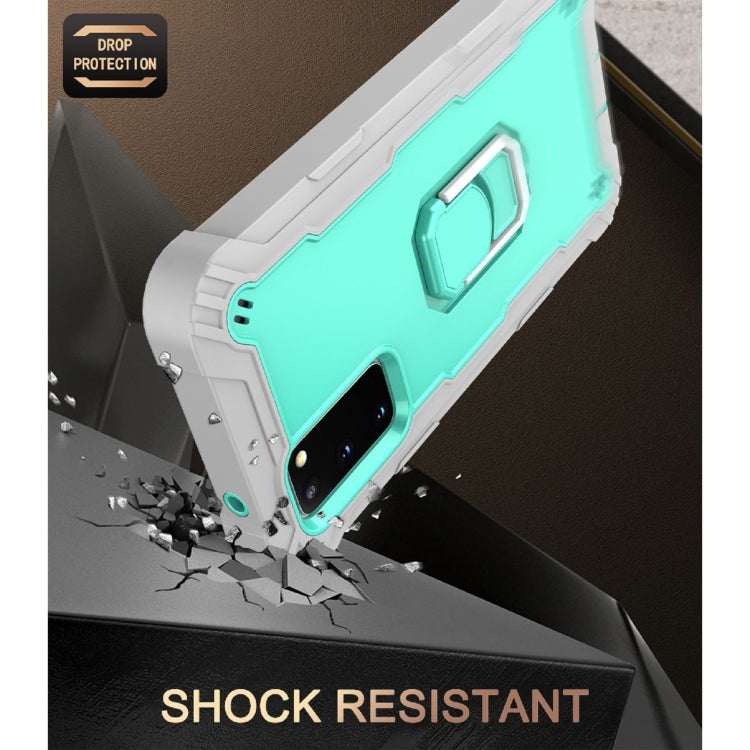 For Samsung Galaxy S20 FE / FE 5G PC + Rubber 3-layers Shockproof Protective Case with Rotating Holder(Grey White + Mint Green)