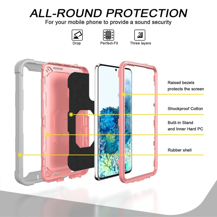 For Samsung Galaxy S20 FE / FE 5G PC + Rubber 3-layers Shockproof Protective Case with Rotating Holder(Grey White + Rose Gold)