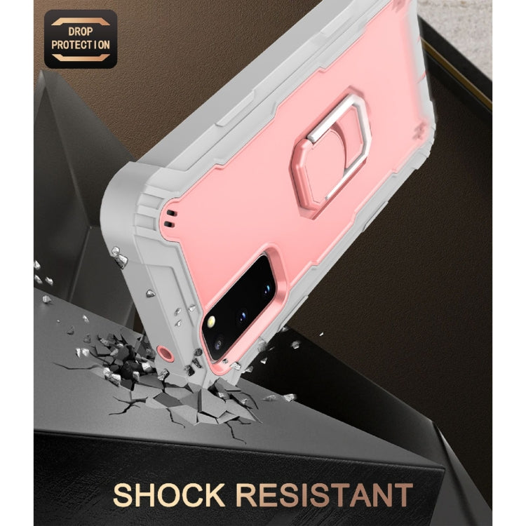 For Samsung Galaxy S20 FE / FE 5G PC + Rubber 3-layers Shockproof Protective Case with Rotating Holder(Grey White + Rose Gold)