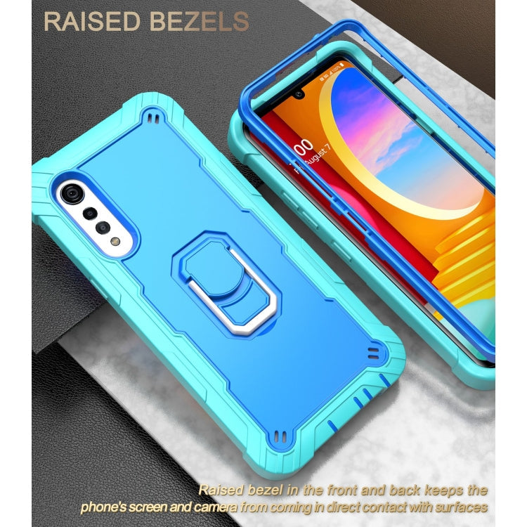 For LG Velvet PC + Rubber 3-layers Shockproof Protective Case with Rotating Holder(Mint Green + Blue)