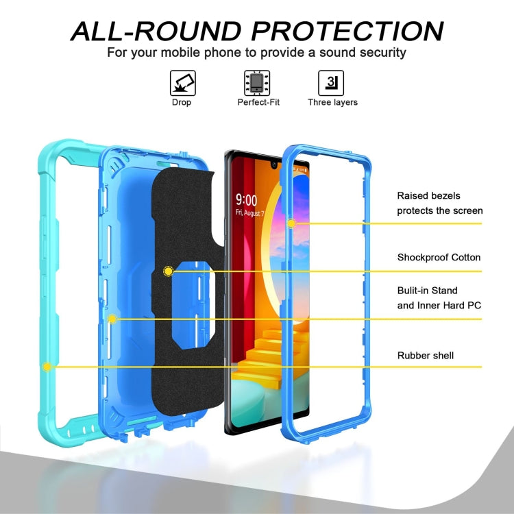 For LG Velvet PC + Rubber 3-layers Shockproof Protective Case with Rotating Holder(Mint Green + Blue)