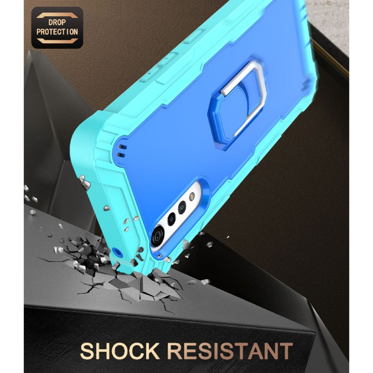 For LG Velvet PC + Rubber 3-layers Shockproof Protective Case with Rotating Holder(Mint Green + Blue)