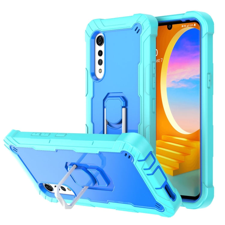 For LG Velvet PC + Rubber 3-layers Shockproof Protective Case with Rotating Holder(Mint Green + Blue)