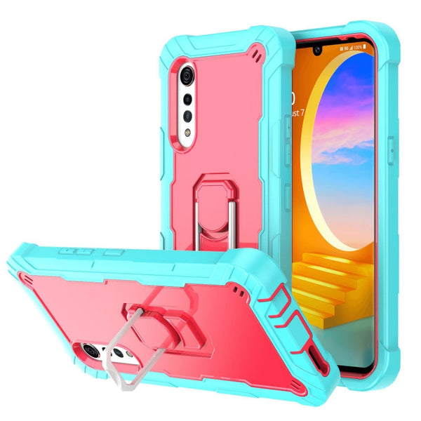 For LG Velvet PC + Rubber 3-layers Shockproof Protective Case with Rotating Holder(Mint Green + Rose Red)