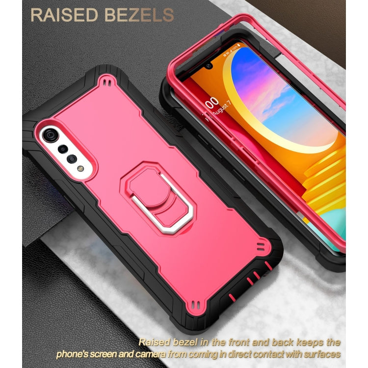 For LG Velvet PC + Rubber 3-layers Shockproof Protective Case with Rotating Holder(Black + Rose Red)