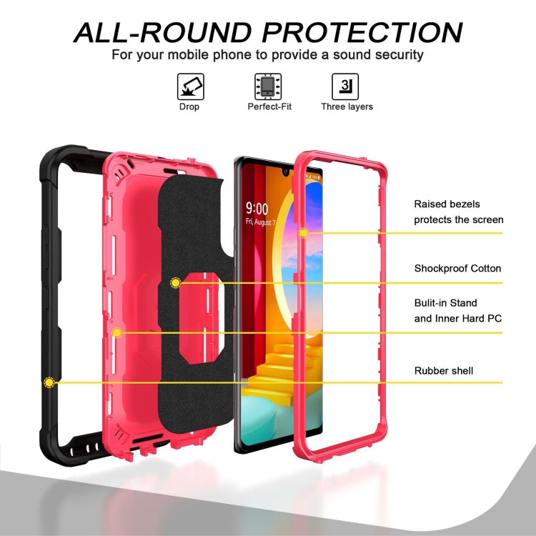 For LG Velvet PC + Rubber 3-layers Shockproof Protective Case with Rotating Holder(Black + Rose Red)
