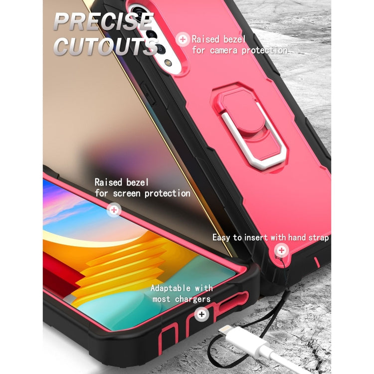 For LG Velvet PC + Rubber 3-layers Shockproof Protective Case with Rotating Holder(Black + Rose Red)