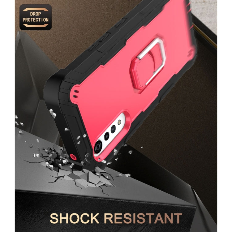 For LG Velvet PC + Rubber 3-layers Shockproof Protective Case with Rotating Holder(Black + Rose Red)
