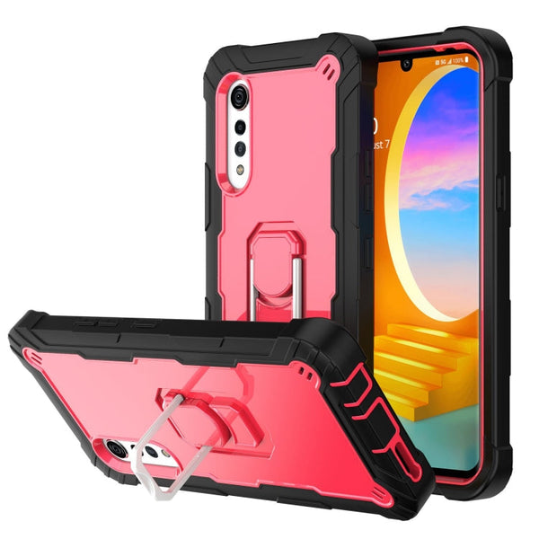 For LG Velvet PC + Rubber 3-layers Shockproof Protective Case with Rotating Holder(Black + Rose Red)