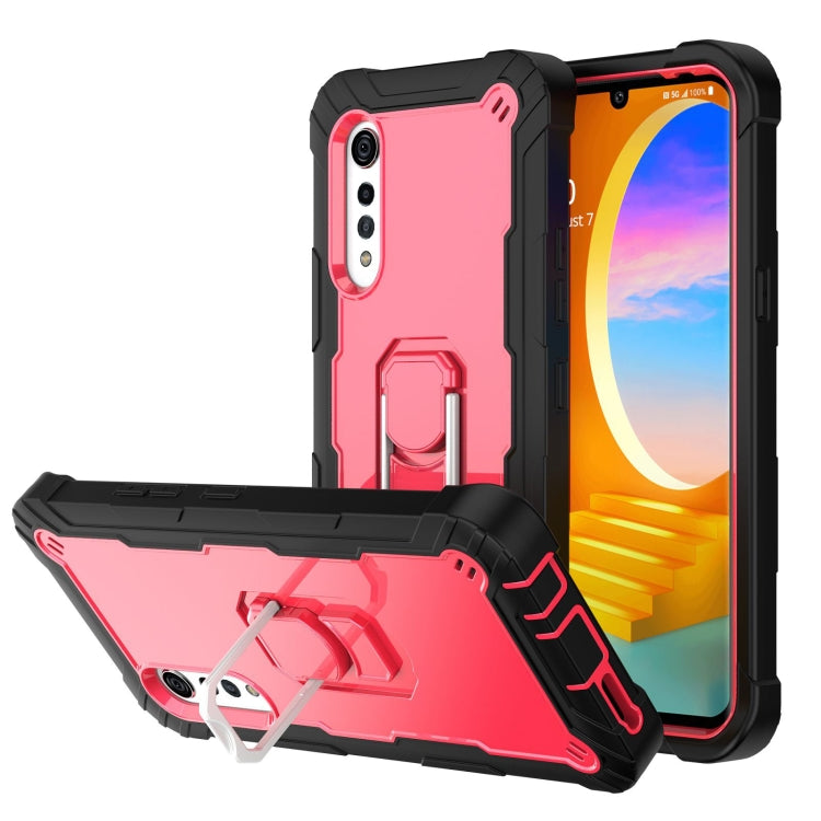 For LG Velvet PC + Rubber 3-layers Shockproof Protective Case with Rotating Holder(Black + Rose Red)