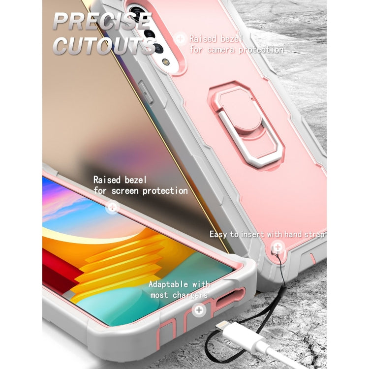 For LG Velvet PC + Rubber 3-layers Shockproof Protective Case with Rotating Holder(Grey White + Rose Gold)