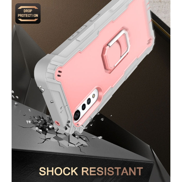 For LG Velvet PC + Rubber 3-layers Shockproof Protective Case with Rotating Holder(Grey White + Rose Gold)