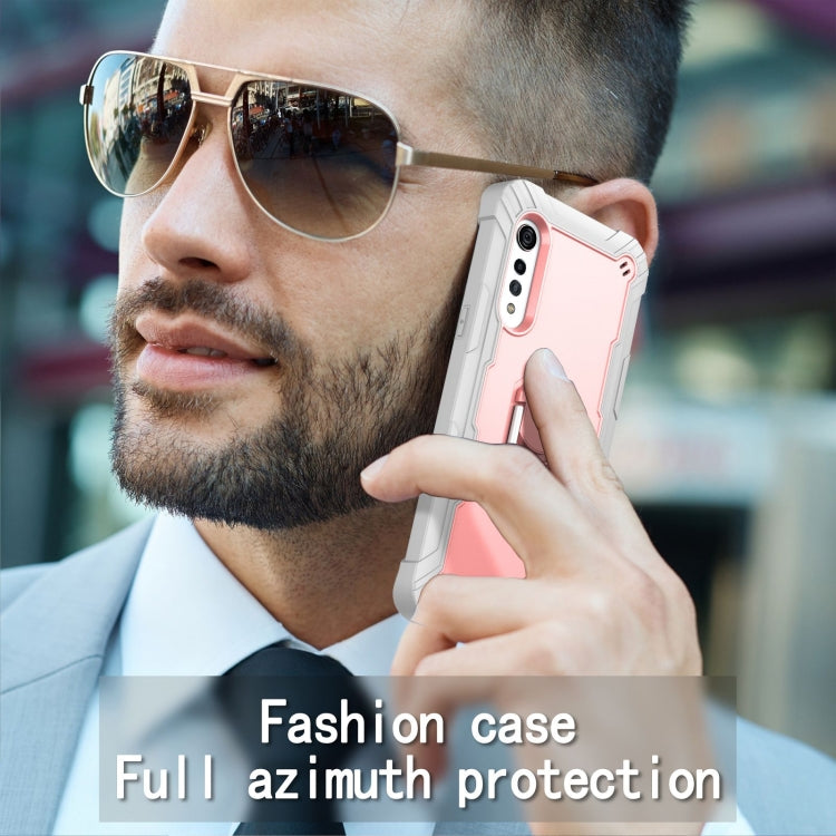 For LG Velvet PC + Rubber 3-layers Shockproof Protective Case with Rotating Holder(Grey White + Rose Gold)