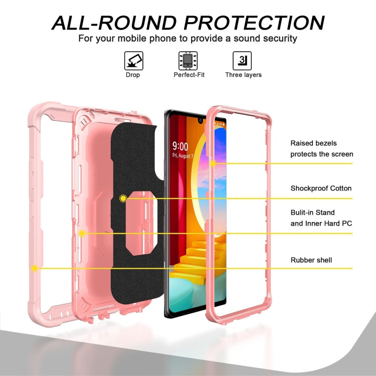 For LG Velvet PC + Rubber 3-layers Shockproof Protective Case with Rotating Holder(Rose Gold)