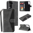 For Samsung Galaxy S21 FE Stitching Calf Texture Horizontal Flip Leather Case with Holder & Card Slots & Wallet(Gray)