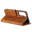 For Samsung Galaxy S21 FE Stitching Calf Texture Horizontal Flip Leather Case with Holder & Card Slots & Wallet(Brown)